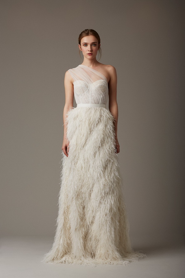 white beautiful feathers wedding dress