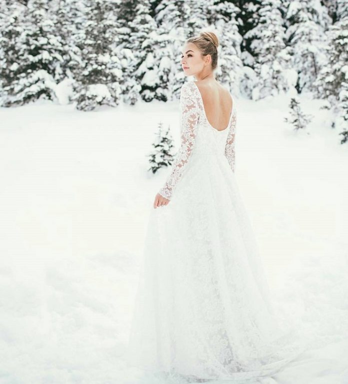 Simple Winter Wedding Gown Looks With a White Color and Lace Touch