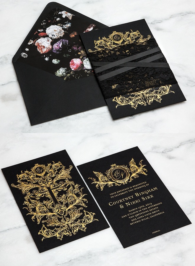 black and gold wedding invitation
