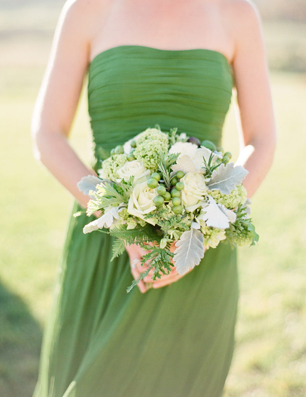 green-wedding-bouquet-and-green-bridesmaid-dress