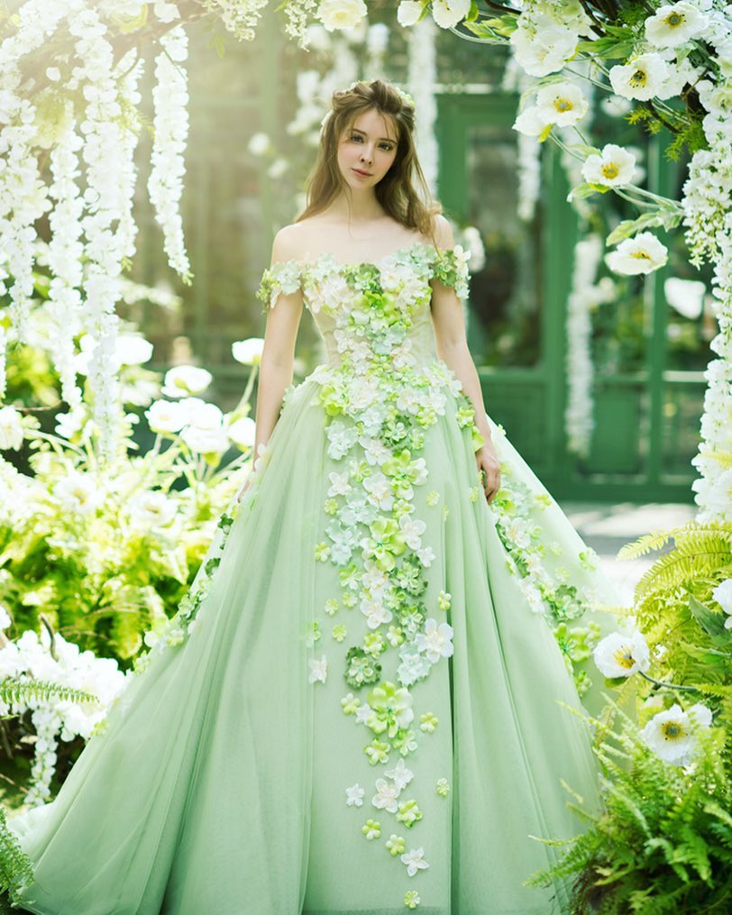 colorful green 3D floral wedding gown