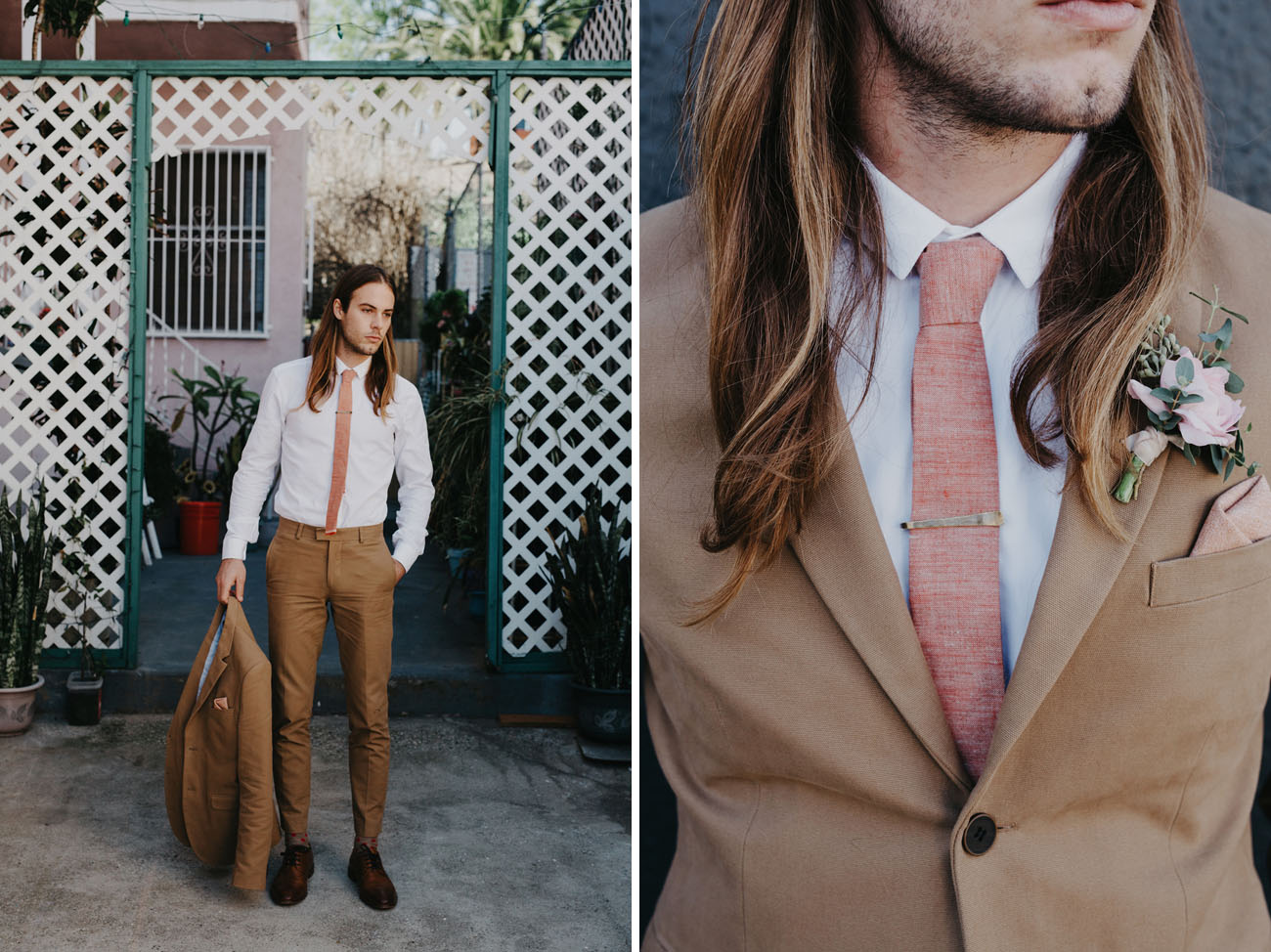 White shirt and brown chino pants