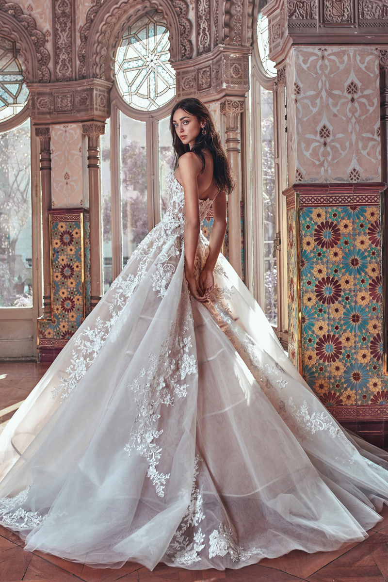 striking wedding gown with floral embellished