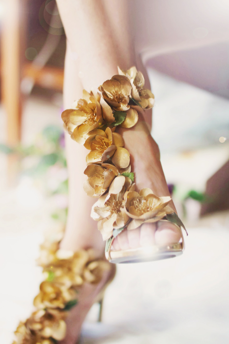 pretty gold floral wedding shoes