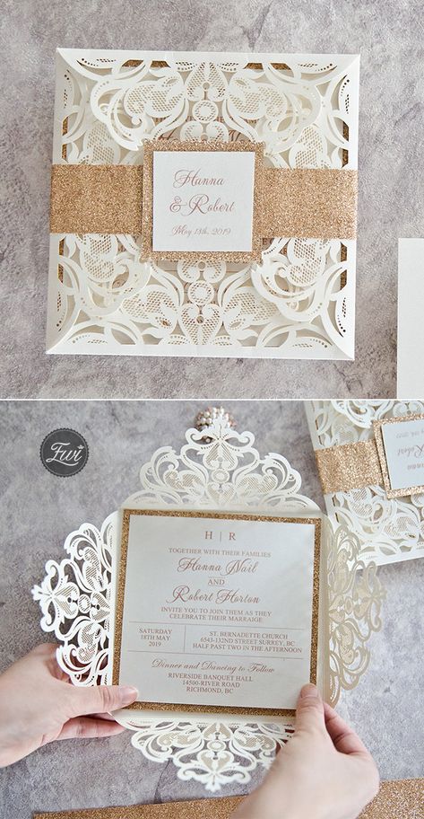 white gold wedding invitation