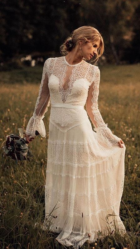 long sleeve lace floral dress as your country wedding gown