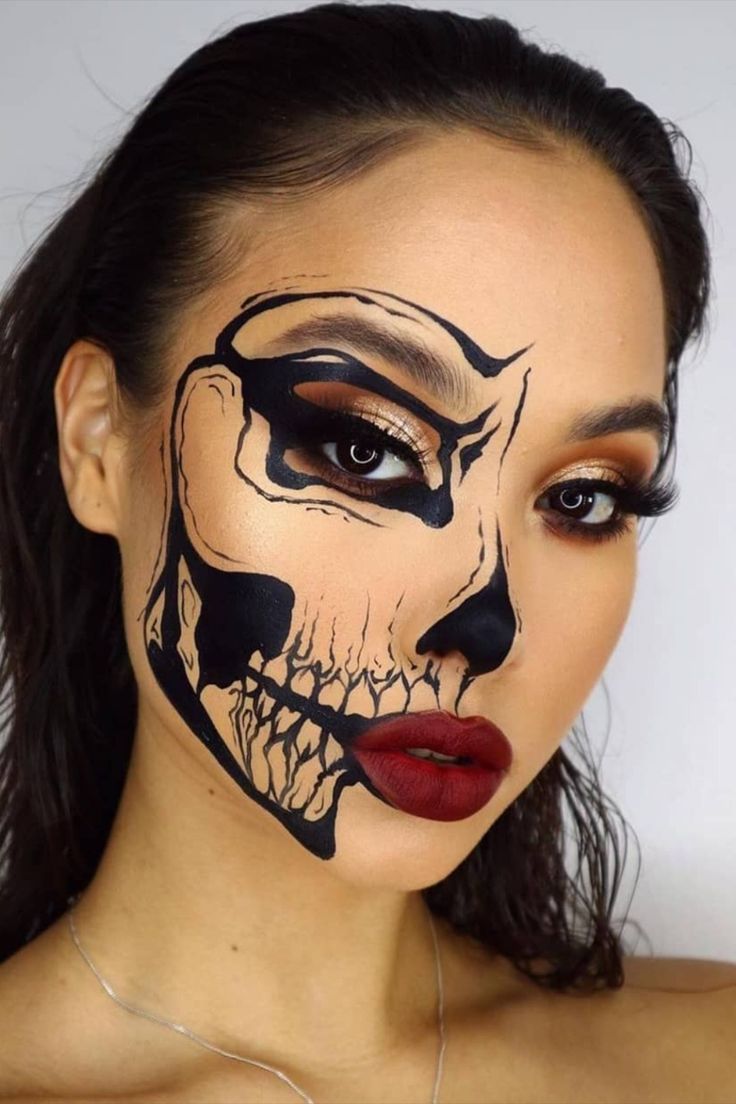 half skull makeup look for stunning halloween wedding party
