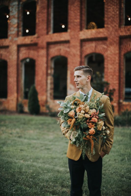 oerange suits for rustic industrial wedding theme ideas