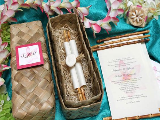 bamboo boxs and scrolls for unique wedding invitation design