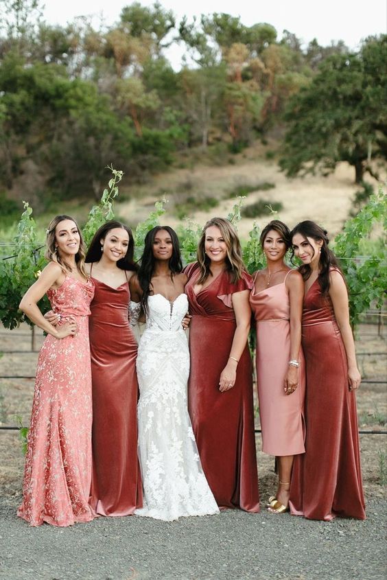 Warm Bronze Bridesmaid Dress for winery and vineyard wedding theme
