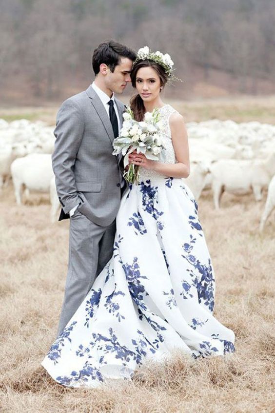 Chic Floral Print Wedding Dress