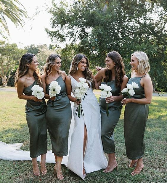 One Shoulder Satin Boho bridesmaid Dresses