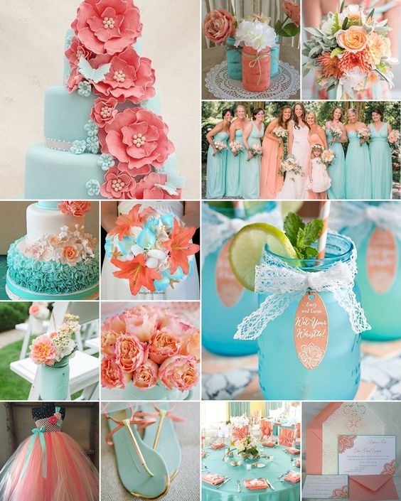 Turquoise and Coral for beach wedding schemes