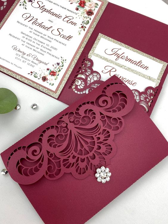 Burgundy Paper Cutting Save the Date