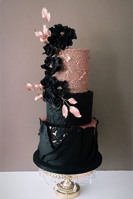 pink and black wedding cake for Halloween theme
