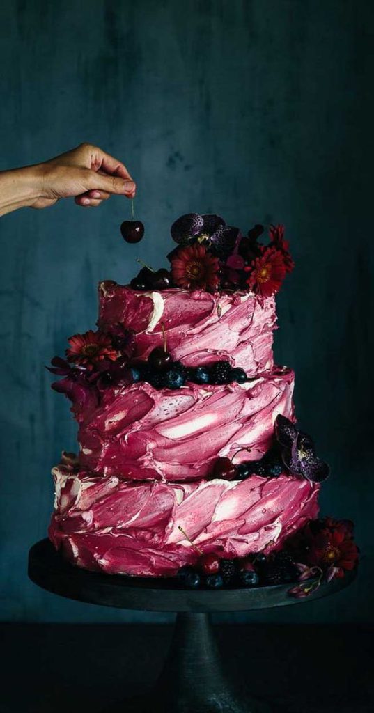 moody burgundy wedding cake idea