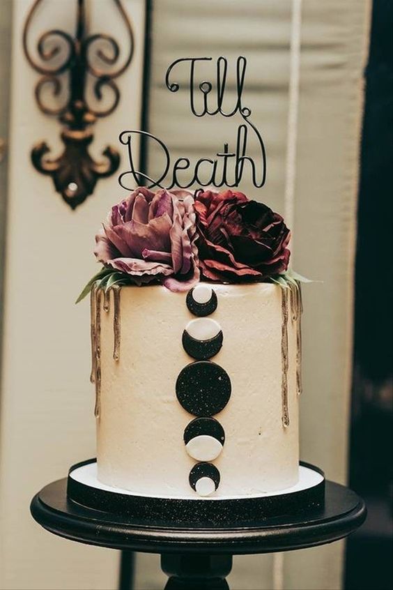 black moon phase decals in goth wedding cake